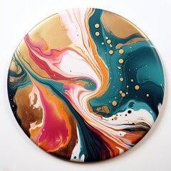 Wall Mural - A colorful painting on a round plate on a white surface Fluid art, circular liquid acrylic or resin art.