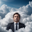A Business Man In A Suit Sleeps On Soft Comfortable Clouds, Illustration