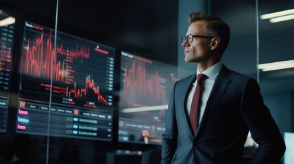 Global finance director in front of the screen at the office