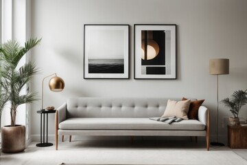 Interior home design of modern living room with abstract art poster frame on white wall above gray sofa bench