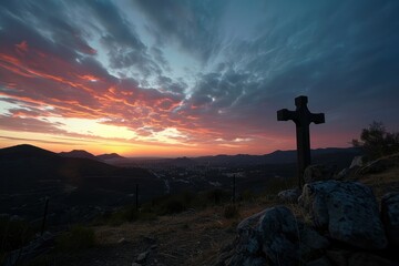 Wall Mural - A serene twilight envelopes Golgotha, with the sky gently cradling the holy cross in a display of celestial compassion and the promise of salvation.