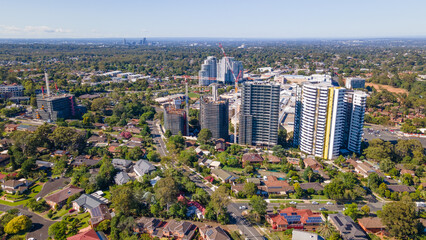 Wall Mural - Aerial drone view of Castle Hill cbd in Sydney, NSW Australia on a sunny day in December 2023     