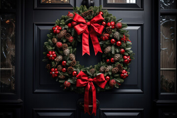 Wall Mural - A festive wreath hanging on a door, adorned with vibrant red ribbons and pinecones, welcoming guests to a home filled with holiday cheer. Generative Ai.