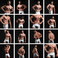 Canvas Print - Muscular man in stylish white underwear on black background, collection of photos