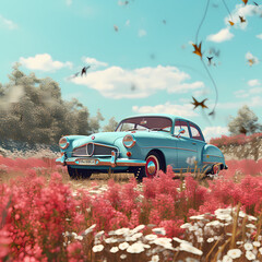 Wall Mural - Classic car driving through a field of wildflowers