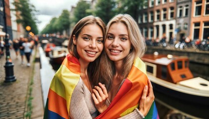 Poster - Joyful moments of an LGBT lesbian couple, concept of happiness and love