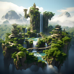 Poster - Floating islands in the sky with cascading waterfalls.