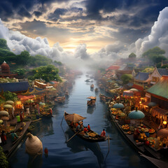 Wall Mural - Floating market in a city above the clouds.