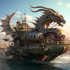 Sticker - Mechanical sea serpent in a steampunk harbor