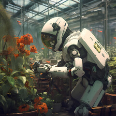 Poster - Robot gardener tending to futuristic plants.