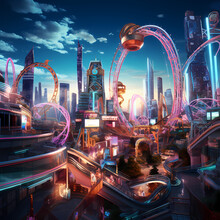 Roller Coaster Twisting Through A Neon-lit Cityscape