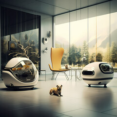 Wall Mural - Robotic pets in a futuristic living room