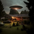 Vintage UFO landing in a suburban backyard