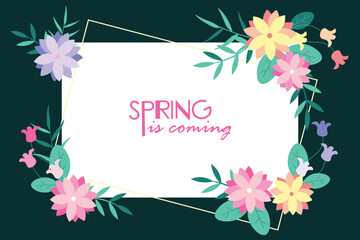 Wall Mural - Hello spring text vector background design. Spring greeting typography with fresh bloom flowers and butterfly elements in empty space for holiday season celebration. Vector Illustration.