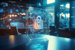 © lily - Virtual creative lock sketch with chip hologram on a modern boardroom background, protection of personal data concept. Multiexposure
