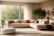 © Basileus - Interior home design of modern living room with beige corner sofa and forest view windows