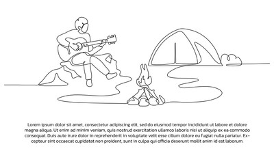 Wall Mural - Continuous line design of a young man goes camping while playing the guitar. Single line decorative elements drawn on a white background.