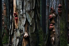 Wooden sculptures in the forest,  Abstract natural background for design