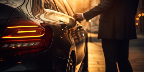 Wall Mural - A businessman holding a black car door on a city, in the style of light amber and bronze