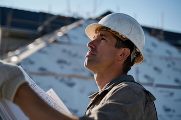 Wall Mural - Professional engineer architect worker with protective helmet and blueprints paper at house building construction site background