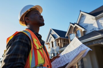 Wall Mural - Professional engineer architect worker with protective helmet and blueprints paper at house building construction site background