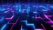 Colorful cube floor with blue and pink neon on dark background, dynamic technology background in cube shape with cyber punk style