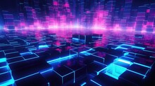 Dynamic Technology Background In Cube Shape With Cyber Punk Style, Colorful Cube Floor With Blue And Pink Neon On Dark Background