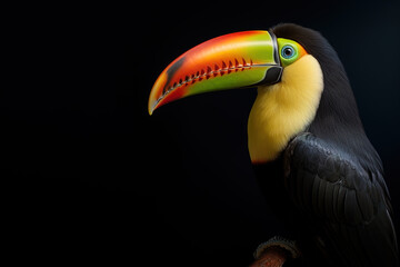 Image of a toucan on a branch in the forest. Birds. Animals. Illustration, Generative AI.