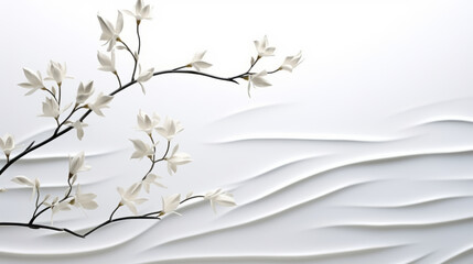 a branch with white flowers stands against a white, zen-like background, stylized as a 3d of a rippl