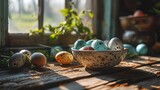 Fototapeta  - Easter eggs painted in different colors in a bowl with spring flovers, on the windowsill near the window