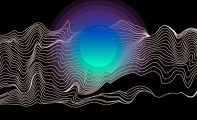 Poster - Abstract geometric background with pattern of glitched and distorted waveforms and neon gradient circle. 