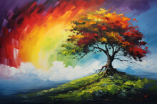 Oil Painting Of A Rainbow Sky And Autumn Tree, Thick Brush Strokes In Classic Style