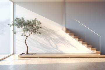 A tree in a room with a stair case