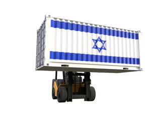 Forklift truck lifting container with Israel flag on transparent background