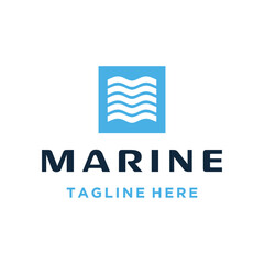 Poster - Initial Letter M Wave with Simple Square Frame diagram For Marine Logo Design.