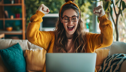 Happy woman using laptop on sofa 