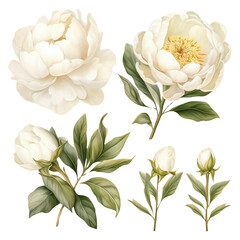 Canvas Print - Watercolor white Peony Clipart Collection on a transparent background 