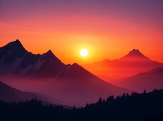 Wall Mural - View of the sun setting through the big mountains at a beautiful sunset, lovely silhouette background