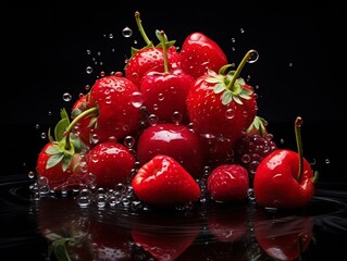 Poster - Generative AI : Red strawberries falling into water on black background. Fresh fruits splashing