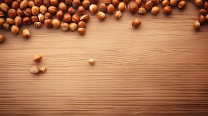 Poster - Generative AI : hazelnuts spilled on light wood table