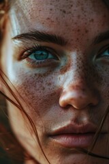 Poster - A close-up view of a woman's face with prominent freckles. Perfect for beauty and skincare related projects