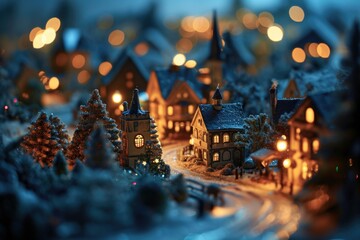 Poster - A captivating image of a miniature town beautifully illuminated during the night. Perfect for adding a touch of charm and enchantment to any project