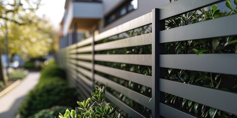 Poster - A detailed view of a fence with bushes in the foreground. Ideal for adding a touch of nature to your designs