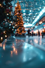 Poster - A Christmas tree stands in the center of a bustling airport. Perfect for holiday travel concepts