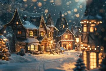 Poster - A captivating image of a small town illuminated by a multitude of lights. Perfect for showcasing the vibrant nightlife or creating a cozy atmosphere.