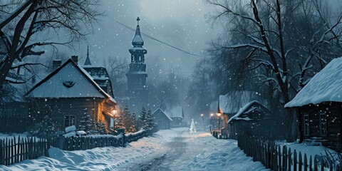 Poster - A picturesque snowy street with a beautiful church in the background. Suitable for winter-themed designs and holiday projects