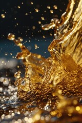 Poster - A close-up view of a golden liquid splash. Perfect for advertising, product promotion, or creative designs