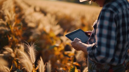 Poster - A man is standing in a field, holding a tablet. This image can be used to represent technology, communication, and outdoor work