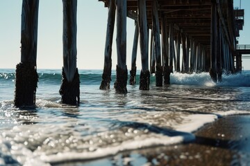 Wall Mural - A stunning view of the ocean as seen from underneath a pier. Ideal for beach and nature-related projects