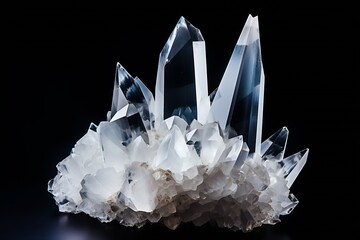 Aufkleber - Generative AI : pure Quartz Crystal cluster gemstone closeup macro isolated on black background.